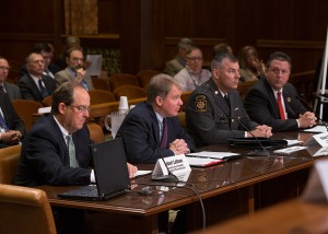 Senator David G. Argall (R-Schuylkill/Berks), second from left, testifies at a joint public hearing with the Senate and House Transportation Committees. The panel discussed Argall’s proposal to strengthen safety in work zones in Pennsylvania. The panel also included Robert Latham, left, Lieutenant Robert Krol, second from right, and Pennsylvania State Troopers Association President Joseph Kovel, right.