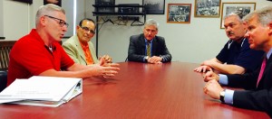 City Administrator Tom Palamar, left, discusses Pottsville’s ongoing efforts to eradicate blight and encourage economic development during a roundtable discussion at City Hall with Carmen DiCello, Pat Murphy, Mayor Jim Muldowney and Senator David G. Argall.