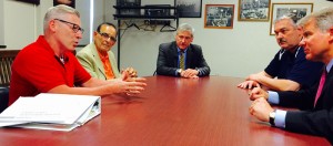 City Administrator Tom Palamar, left, discusses Pottsville’s ongoing efforts to eradicate blight and encourage economic development during a roundtable discussion at City Hall with Carmen DiCello, Pat Murphy, Mayor Jim Muldowney and Senator David G. Argall.  