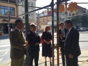 Representative Goodman, left, Senator Argall, second from left, discuss abandoned and blighted buildings with Department of Community and Economic Development Secretary Davin, right, in downtown Pottsville. DCED staff members Sarah Miller, center, and Mike Shorr toured the county with Secretary Davin