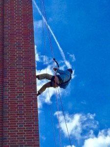 Senator Argall rappels down the side of 525 Student Apartments, located on Lancaster Avenue in Reading, for Bethany Children’s Home.