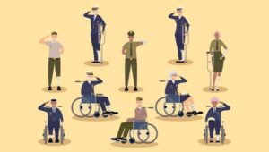 A rendering of armed service members with a variety of injuries saluting over a yellow background.
