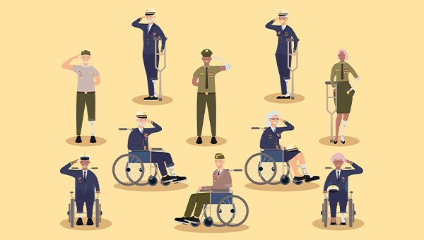 A rendering of armed service members with a variety of injuries saluting over a yellow background.