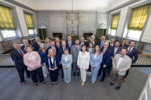 25 Pennsylvania Senate Republicans stand together in Independence Hall in Philadelphia.