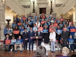 A picture of Senator Argall speaking at the LeadingAge PA press conference at the State Capitol.