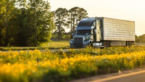 A picture of a tractor trailer driving along a roadway.