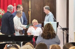 A picture of Sen. Argall presenting a citation at the First United Methodist Church’s 146th anniversary celebration.