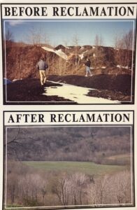 A poster of a before and after of a mine reclamation site.