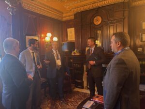 A picture of Senator Argall speaking to the Greater Lehigh Valley Relators Association in his Capitol Office.