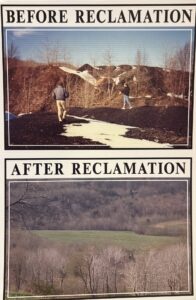 A before and after picture of a mine reclamation site.