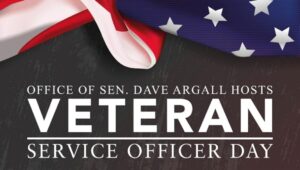 A graphic promoting Sen. Dave Argall’s Veteran Service Officer Day.