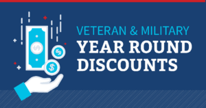 A graphic that says “Veteran & Military Year Round Discounts.”