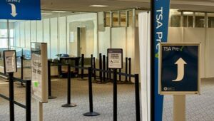A picture of a TSA checkpoint in an airport.