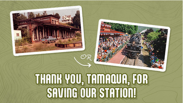 A photo of the blighted Tamaqua Train Station contrasted with a photo of the restored station with a large crowd of people.