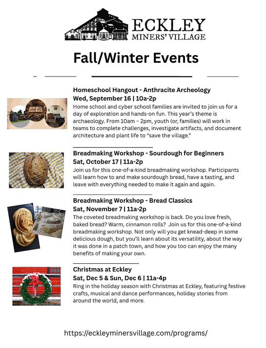 listing of upcoming events at Eckley Miners Village.