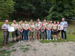 A picture of Senator Argall and Rep. Jamie Barton with Scouting America Troop 777 at the Eagle Scout Court of Honor of Grant Johns.