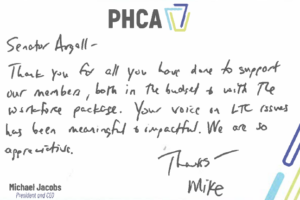 A scan of a thank you note from PHCA.