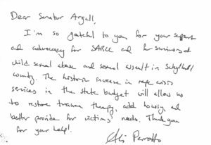 A scan of a thank you note from SARCC.