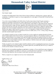 thank you letter from the Shenandoah Valley School District.