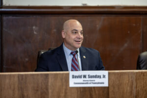A picture of Attorney General Dave Sunday at a recent Senate Majority Policy Committee hearing.