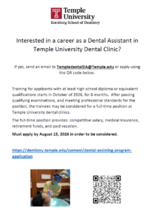 A picture of a flyer seeking indiviauls interested in a career as a Dental Assistant at the future Temple Dental Education Center & Clinic in Downtown Tamaqua.