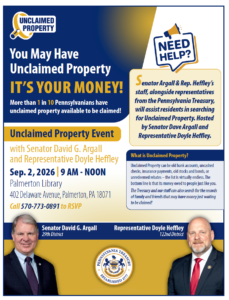 A picture of a flyer advertising an upcoming Unclaimed Property Event on Tuesday, Wednesday, September 2 from 9 a.m. to 12 p.m. in Palmerton.