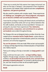 A picture of Dr. Amid Ismail’s message to staff at the conclusion of the opening day of the Temple Clinic.