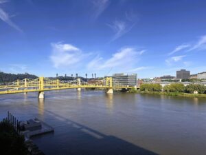 A picture overlooking the Allegheny River and Downtown Pittsburgh.