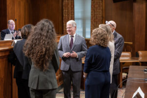 A picture of Sen. Argall speaking to testifiers at a Senate Majority Policy Hearing focused on the dangerous rise of antisemitism.