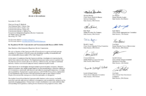 A picture of a letter sent to the Independent Regulatory Review Commission from the PA Senate.